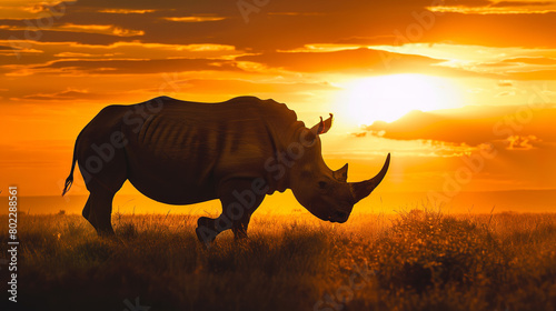 A majestic rhinoceros  its massive form silhouetted against the golden hues of the savannah sunset