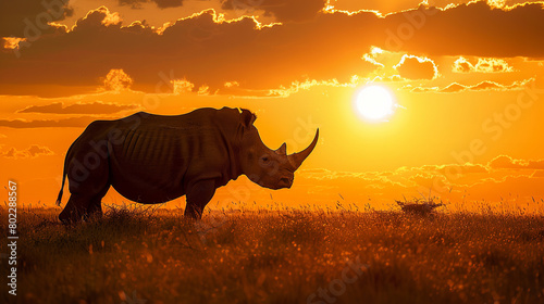 A majestic rhinoceros  its massive form silhouetted against the golden hues of the savannah sunset