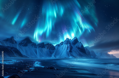 The colorful aurora borealis lights up the night sky above a towering mountain range, creating a stunning visual display of natural beauty. © RumRaisinStock