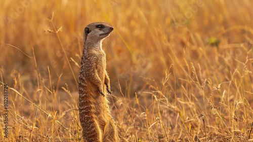 A mongoose poised on hind legs, surveying its surroundings with keen intelligence