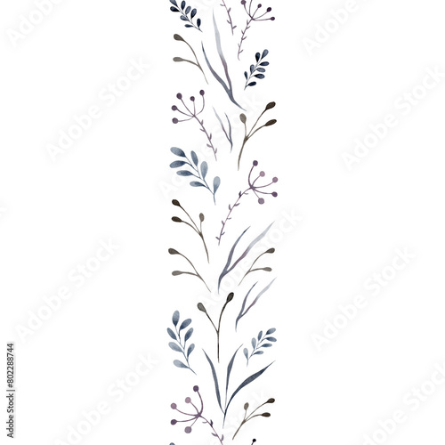 Watercolor illustration of a dry wildflower, herbarium. Seamless border of blue flowers and leaves. Elegant endless botanical print, wallpaper, background. Repeat fashion print for fabric, clothes.