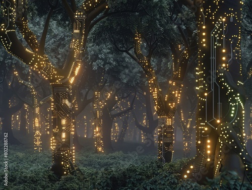 A mystical forest with trees embedded with high-tech, illuminated circuits and glowing lights amidst dense foliage.