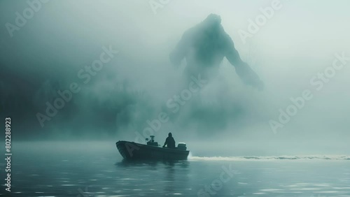 Sonar equipment beeps on a boat, capturing tense moments as a shadowy, monstrous figure emerges in the misty waters, hinting at a Loch Ness monster hunt. photo