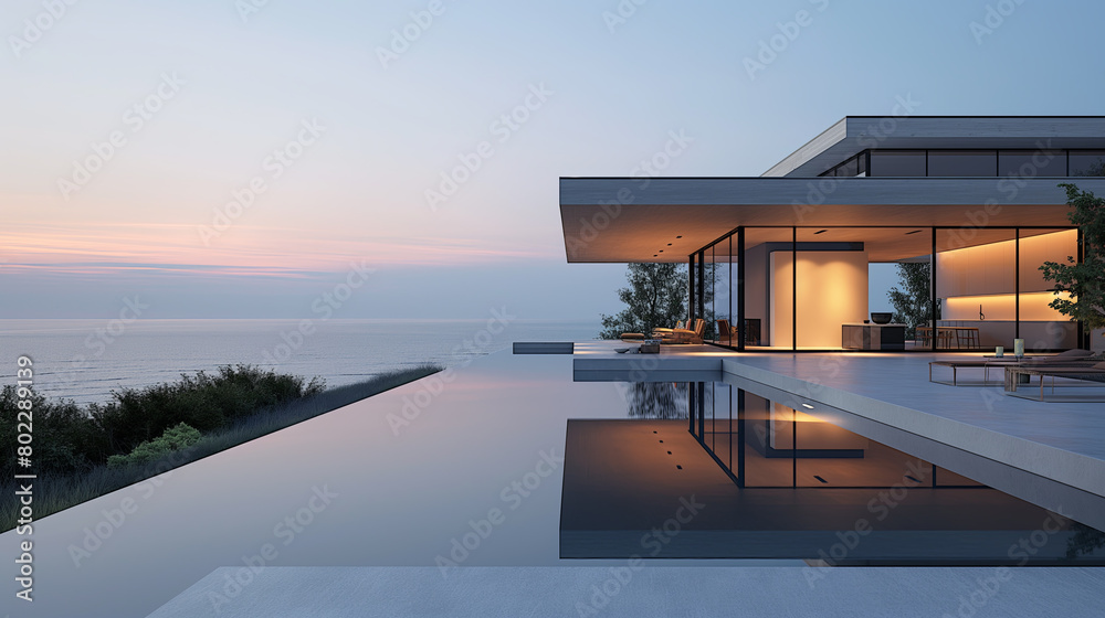 Fototapeta premium Modern Luxury Beachfront Villa with Infinity Pool at Sunset