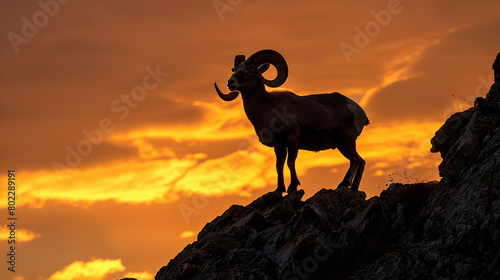 A ram standing proudly on a rocky cliff edge, its majestic horns silhouetted against the fiery hues of a setting sun