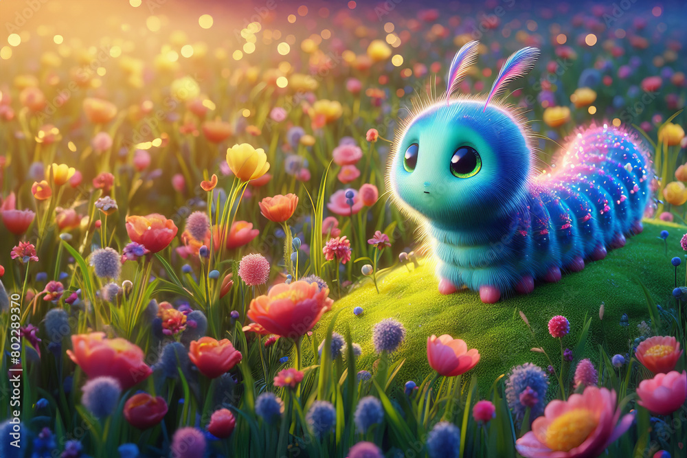 Blue and pink caterpillar perched on a lush green field, ideal for nature enthusiasts, background images, Blue and pink caterpillar perched on a lush green field, ideal for nature enthusiasts, background images,