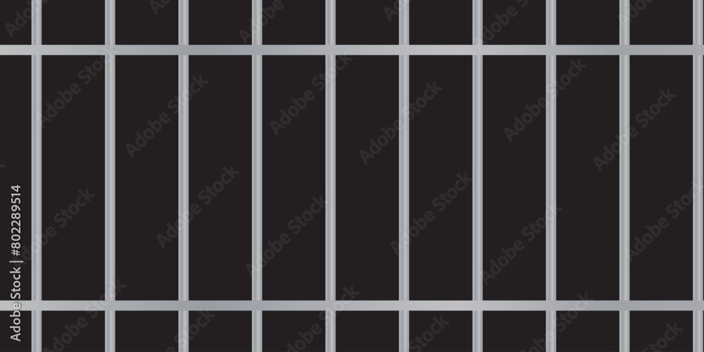 Black realistic metal prison bars isolated on black background. Detailed jail cage, prison iron fence. Criminal background mockup. Creative vector illustration