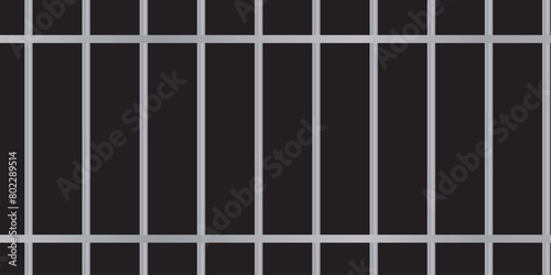 Black realistic metal prison bars isolated on black background. Detailed jail cage, prison iron fence. Criminal background mockup. Creative vector illustration