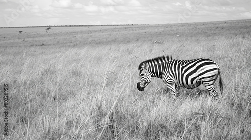  A zebra grazing peacefully on the savannah  its striking black and white stripes blending harmoniously with the golden grasses of its African habitat