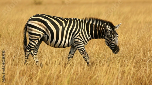  A zebra grazing peacefully on the savannah  its striking black and white stripes blending harmoniously with the golden grasses of its African habitat