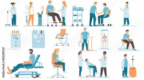 Therapists helping patients during physio therapy and rehabilitation set Physiotherapy treatment for people with physical disabilities Flat graphic vector illustration isolated on white background