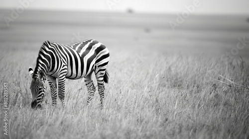  A zebra grazing peacefully on the savannah  its striking black and white stripes blending harmoniously with the golden grasses of its African habitat