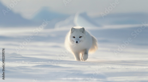 An Arctic fox prowling across a snowy landscape, its fluffy white fur camouflaging it against the icy terrain