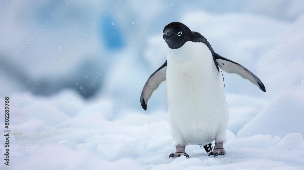 Professional photo with best angle capturing the endearing charm of a penguin as it waddles across icy terrain