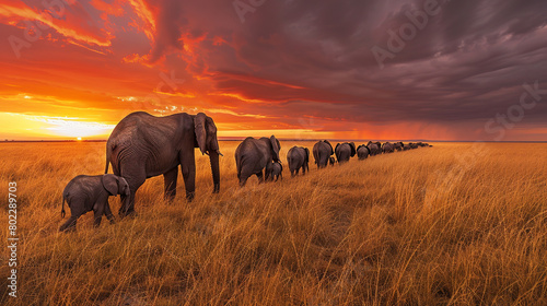 Professional photo with best angle: An elephant matriarch leading her herd through the golden grasslands of the African savannah © Nate