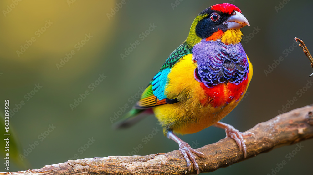 Professional photo with best angle showcasing the breathtaking beauty of a Gouldian finch as it perches delicately on a branch