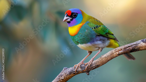 Professional photo with best angle showcasing the breathtaking beauty of a Gouldian finch as it perches delicately on a branch