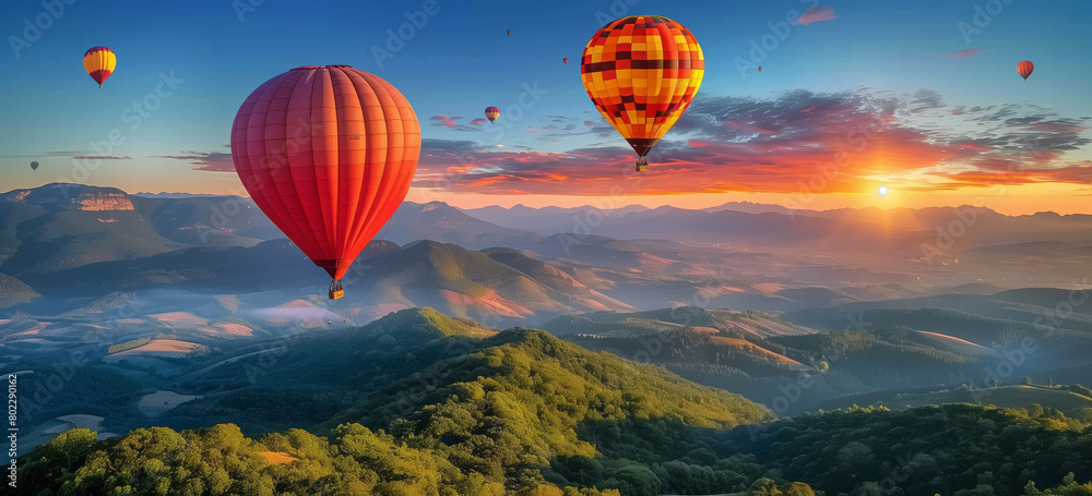 A cluster of colorful hot air balloons soar through the sky, with the backdrop of a majestic mountain landscape. The balloons gracefully float above the rugged terrain.