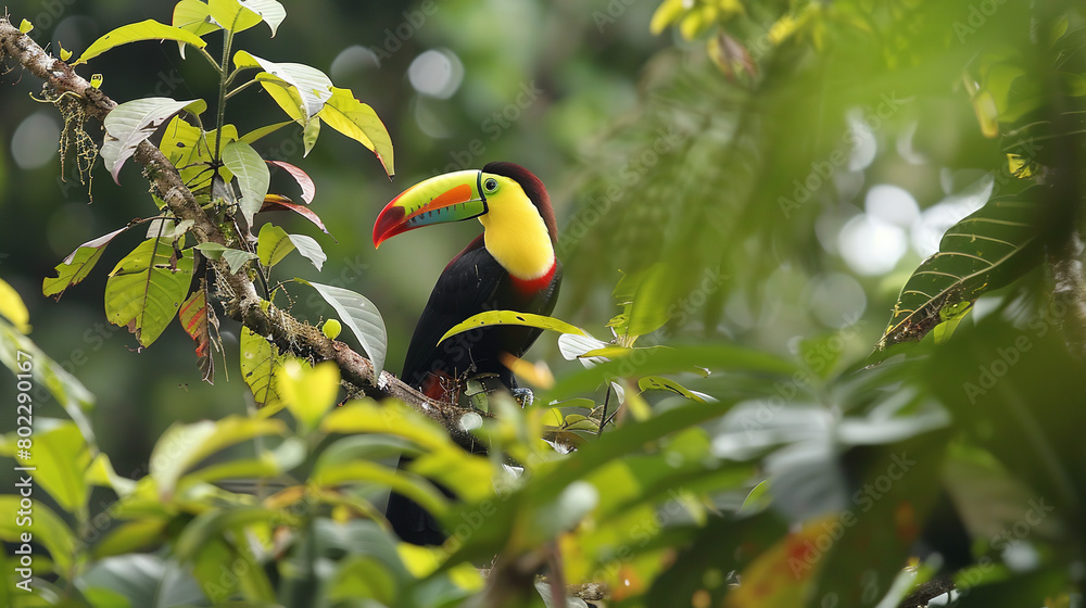 Obraz premium Professional photo with best angle showcasing the tropical splendor of a keel-billed toucan as it perches amidst lush rainforest foliage