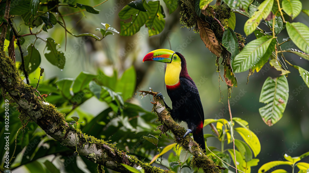 Obraz premium Professional photo with best angle showcasing the tropical splendor of a keel-billed toucan as it perches amidst lush rainforest foliage