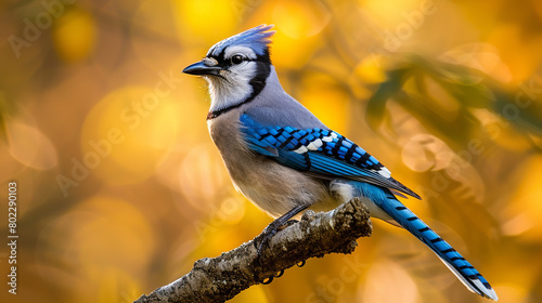 Professional photo with best angle showcasing the striking beauty of a blue jay as it perches on a sunlit branch photo