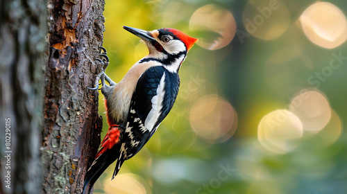 Professional photo with best angle showcasing the industrious nature of a woodpecker as it expertly taps away at a tree trunk photo