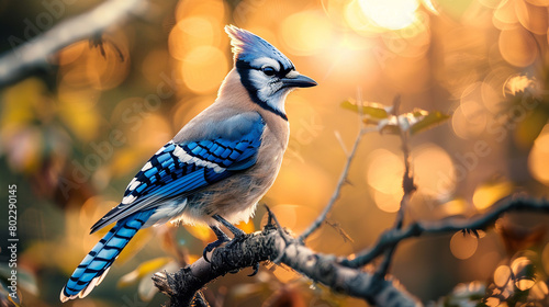 Professional photo with best angle showcasing the striking beauty of a blue jay as it perches on a sunlit branch © Nate