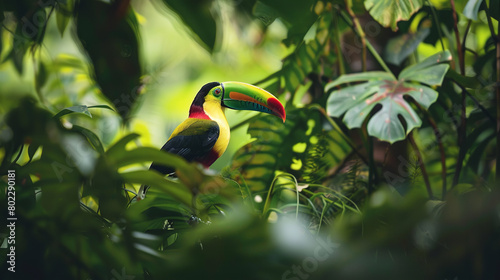 Professional photo with best angle showcasing the tropical splendor of a keel-billed toucan as it perches amidst lush rainforest foliage