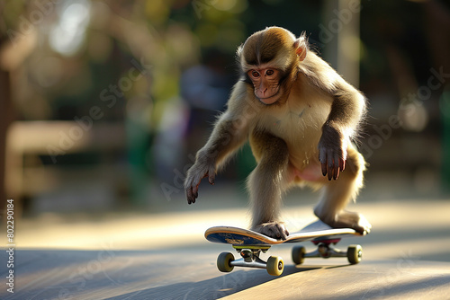 Playful monkey on a skateboard photo