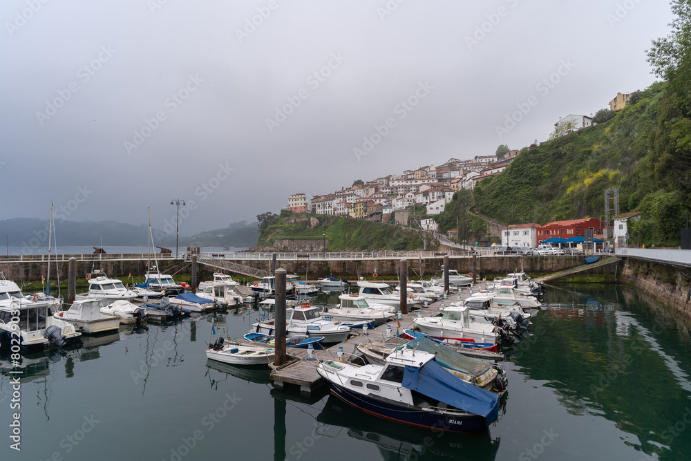 Panoramic view of Lastres in a cloudy day. Asturias. Spain	