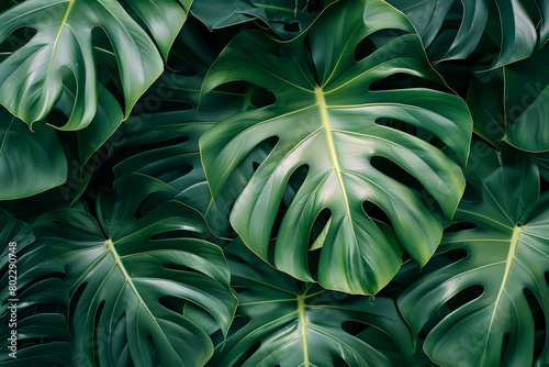 Vibrant tropical foliage of monstera leaves