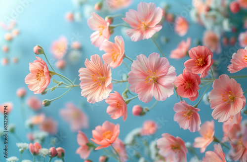 A flat lay of pastel-colored flowers on the light blue background, creating an abstract and dreamy composition on a light blue background.