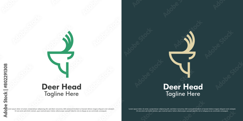 Deer head logo design illustration. Linear silhouette of deer antlers horn animal body herbivore wildlife mascot reindeer fawn elk gazelle buck stag. Modern minimalist  geometric simple icon symbol.