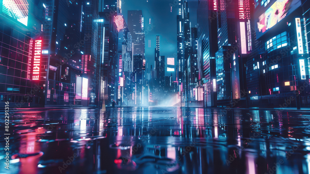 A cyberpunk cityscape at night, with towering skyscrapers and neon lights reflecting on the wet pavement. Generative Ai Image.