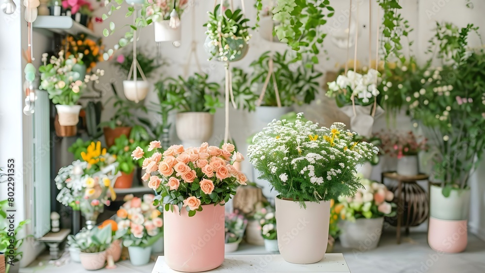 Delightful florist shop showcasing fresh blooms, pastel planters, hanging plants, and greenery. Concept Florist Shop, Fresh Blooms, Planters, Hanging Plants, Greenery