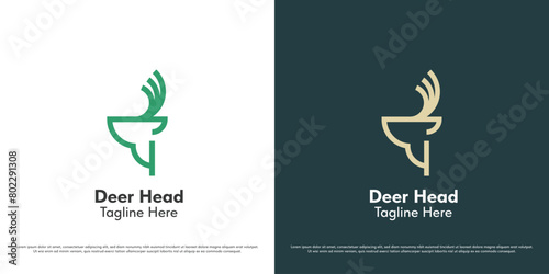 Deer head logo design illustration. Linear silhouette of deer antlers horn animal body herbivore wildlife mascot reindeer fawn elk gazelle buck stag. Modern minimalist  geometric simple icon symbol.