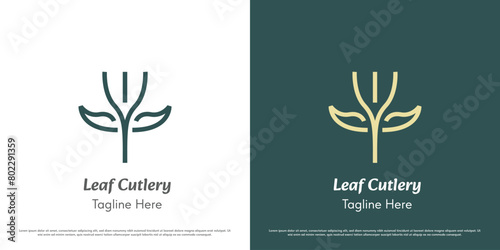 Leaf Fork logo design illustration. Silhouette of linear lines cutlery fork leaf leaves green cafe restaurant food kitchen spices drinks dinner lunch delicious green nature. Modern minimal icon. photo