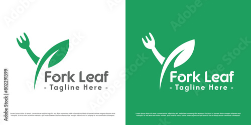 Green leaf fork logo design illustration. Silhouette of cutlery eating fork green tree plant leaves bio fresh cafe restaurant vegan healthy diet bio vegetarian. Food nature symbol minimal simple icon.