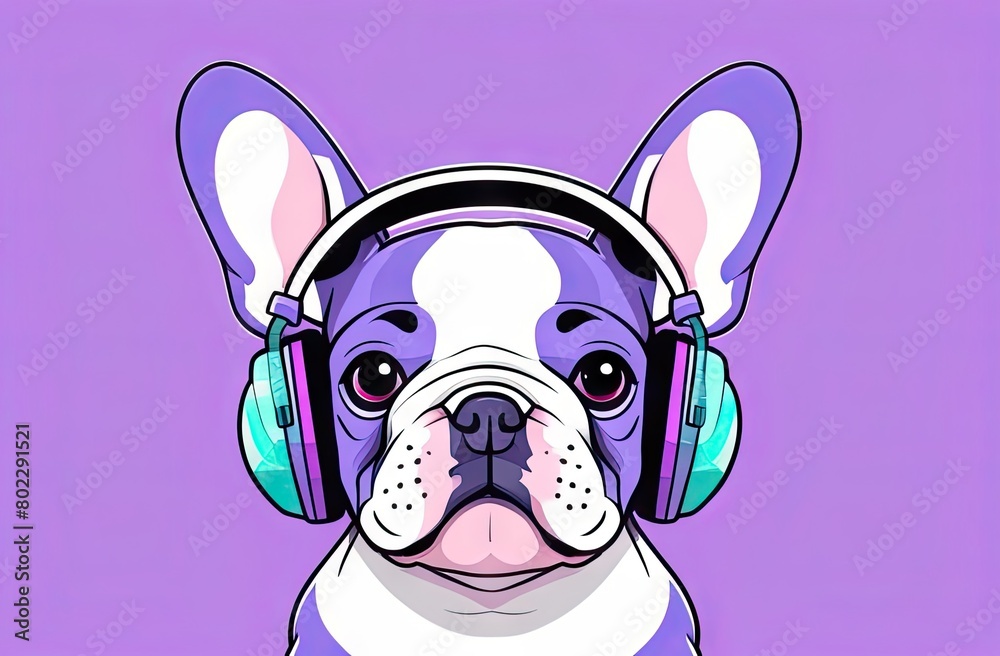 Adorable French bulldog wears green headphones on purple background, looking straight at the camera. Ideal for graphic designs, merchandise, and prints.