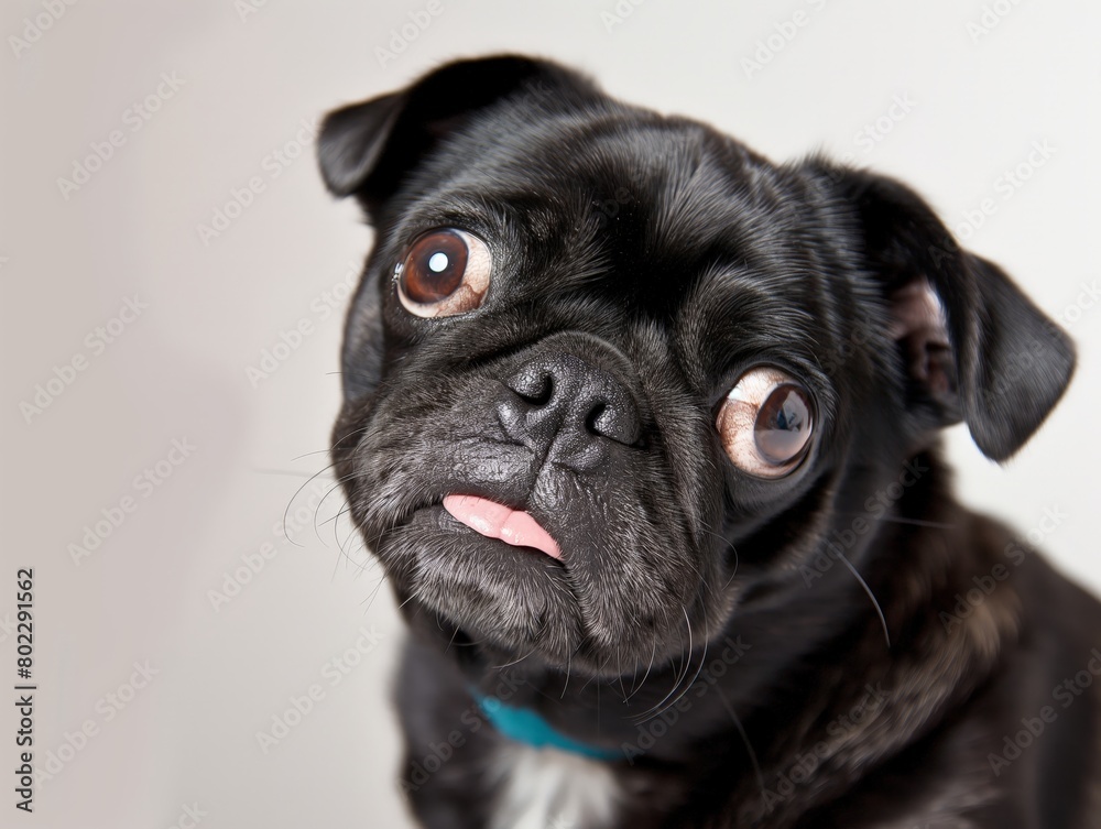 Close-up of a charming black pug sticking its tongue out, adding a humorous touch to the scene.