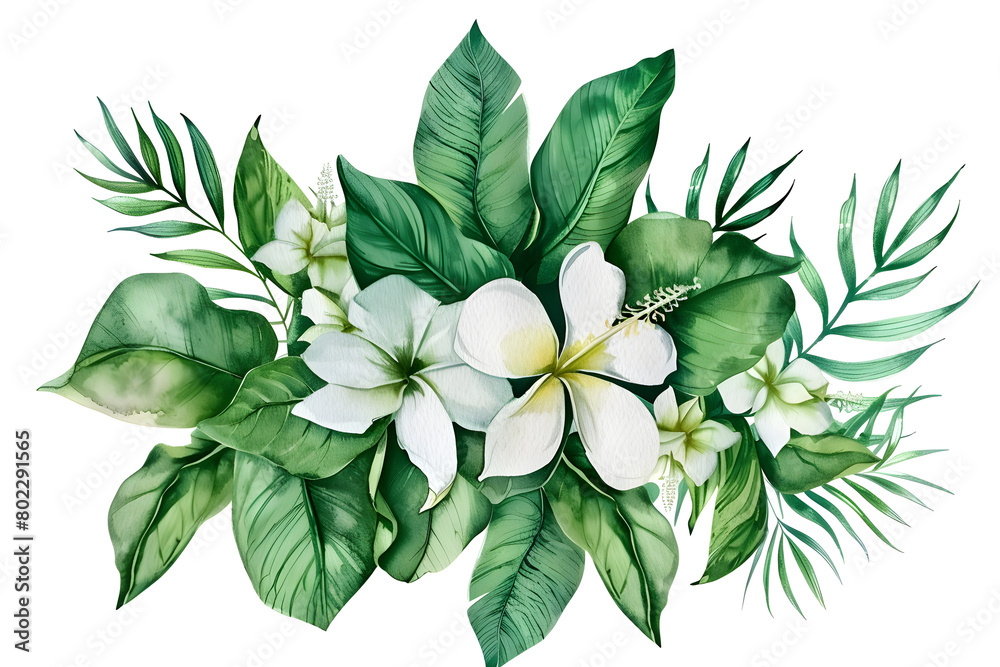 Watercolor tropical spring floral green leaves and flowers isolated on white background, perfect for greeting or wedding card decoration.