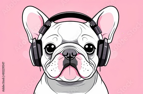 Adorable French bulldog wears black headphones on pink background, looking straight at the camera. Ideal for graphic designs, merchandise, and prints.
