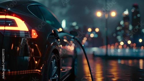 Alternative energy automobile charging, set against a backdrop of modern city lights reflecting off a wet street photo