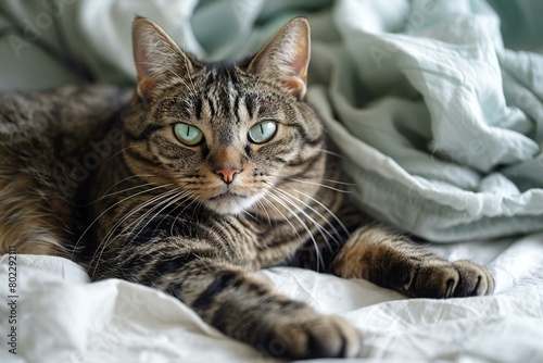 Cute tabby cat lying on bed and looking at camera