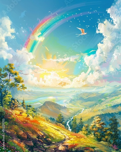 Glide over the landscape, enjoying aerial snacks against a radiant backdrop, while below, a rainbow stream flows with vibrant life