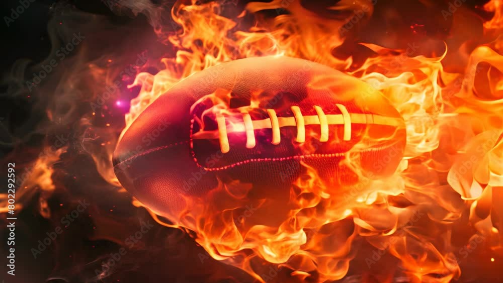 A football is on fire and surrounded by flames. Concept of danger and ...