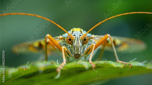 A closeup of an insect on the leaf, with its long wings spread out and large eyes,Generative AI illustration.