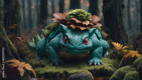 A realistic Venusaur animal among the trees, forest lake, moss, cold weather, dark teal and amber, Sony A7 IV