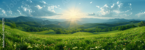 Green Field With Mountains in Background. A wide panoramic landscape. Beautiful panoramic view of green grassy hills with mountains in the background on a sunny day