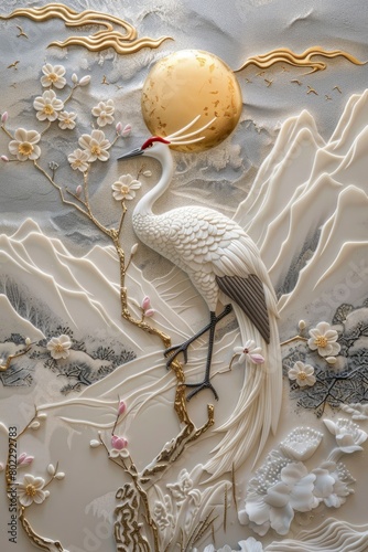 Grey and gold colored wallpaper with a crane bird on a willow tree branch with blooming flowers. © MSTSANTA